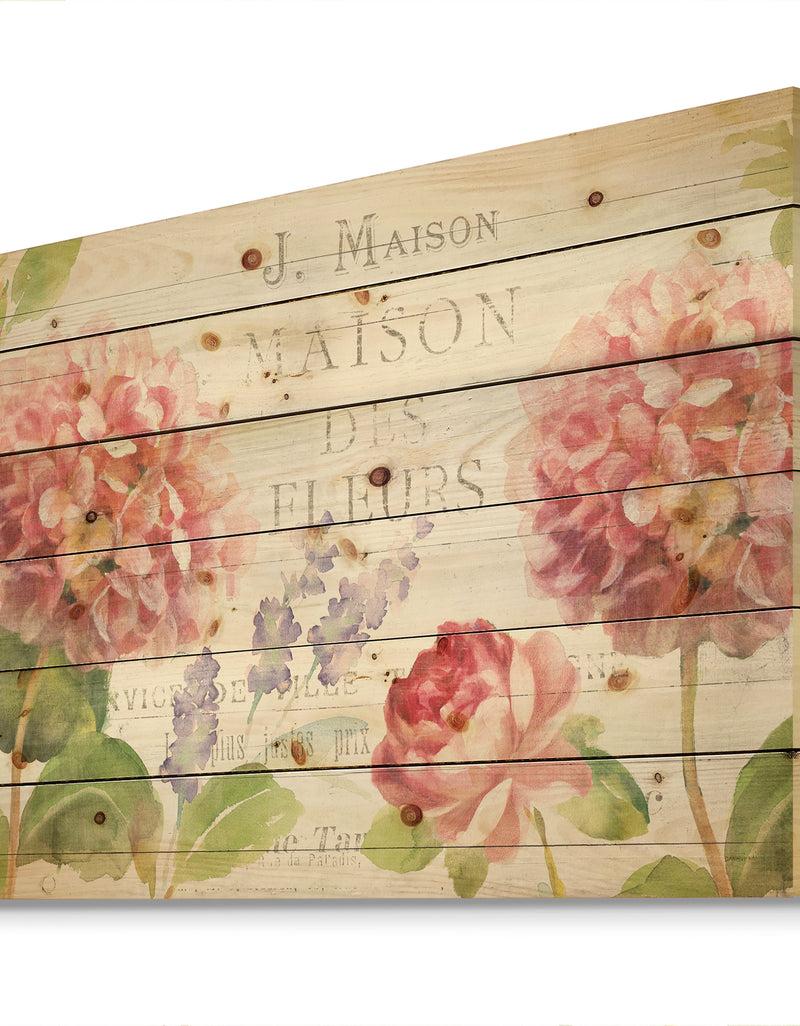 DesignQ Maison Des Fleurs II - Farmhouse Print On Natural Pine Wood