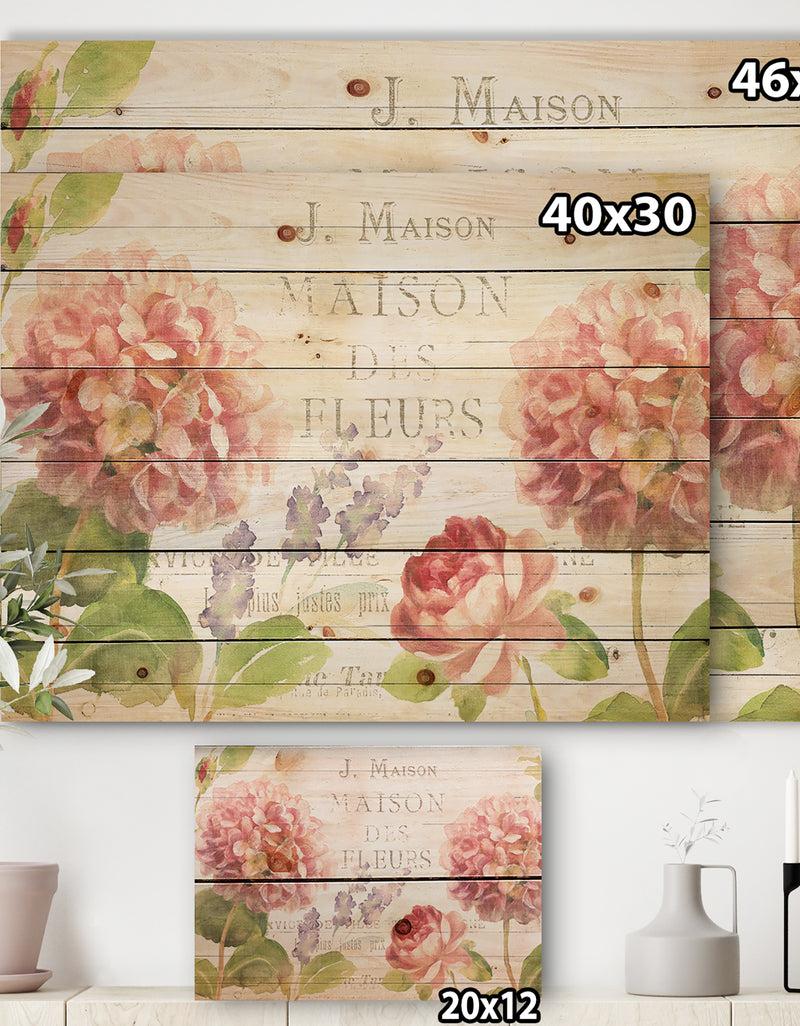 DesignQ Maison Des Fleurs II - Farmhouse Print On Natural Pine Wood