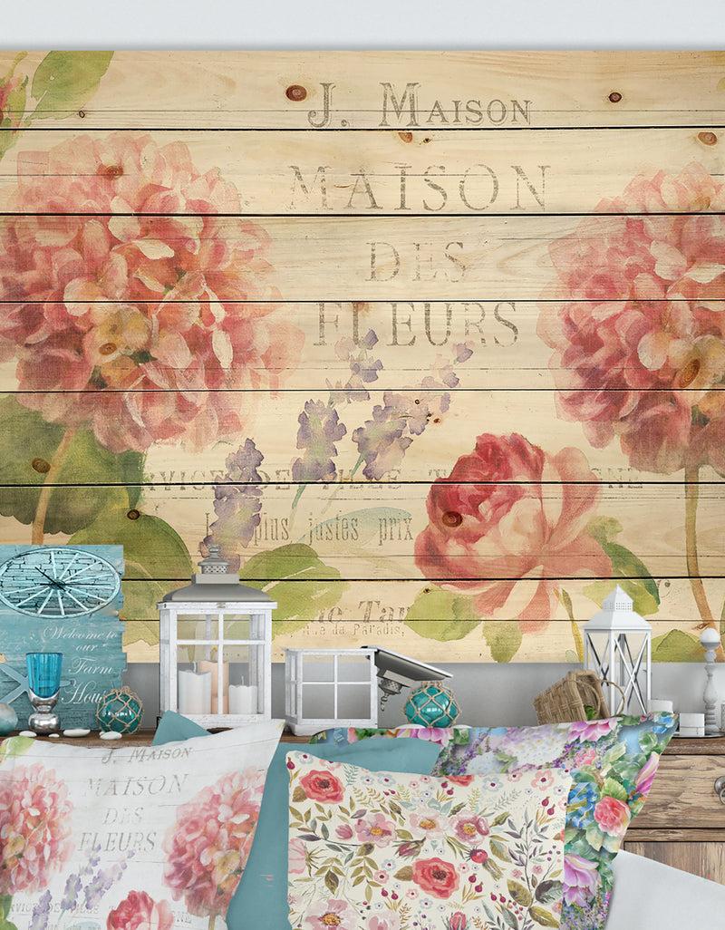 DesignQ Maison Des Fleurs II - Farmhouse Print on Natural Pine Wood