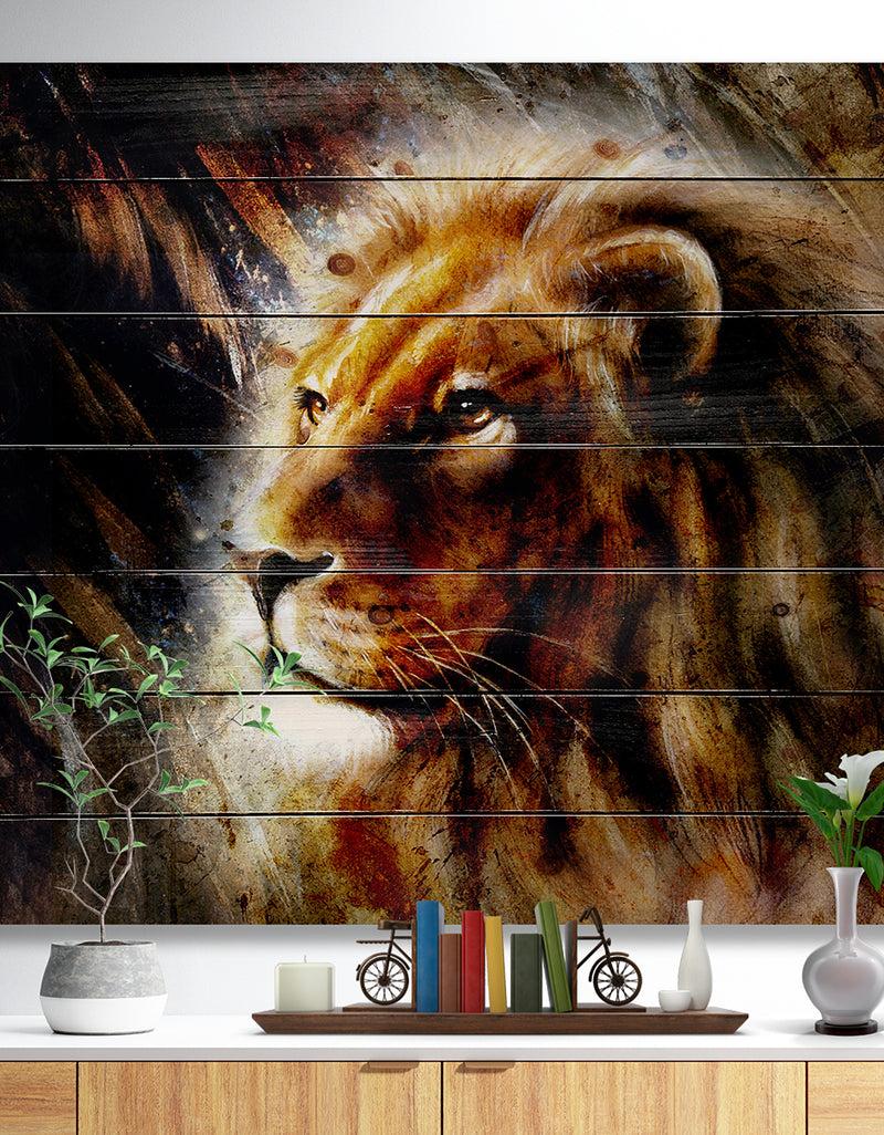 DesignQ Majestically Peaceful Lion - Animal Art Print on Natural Pine Wood