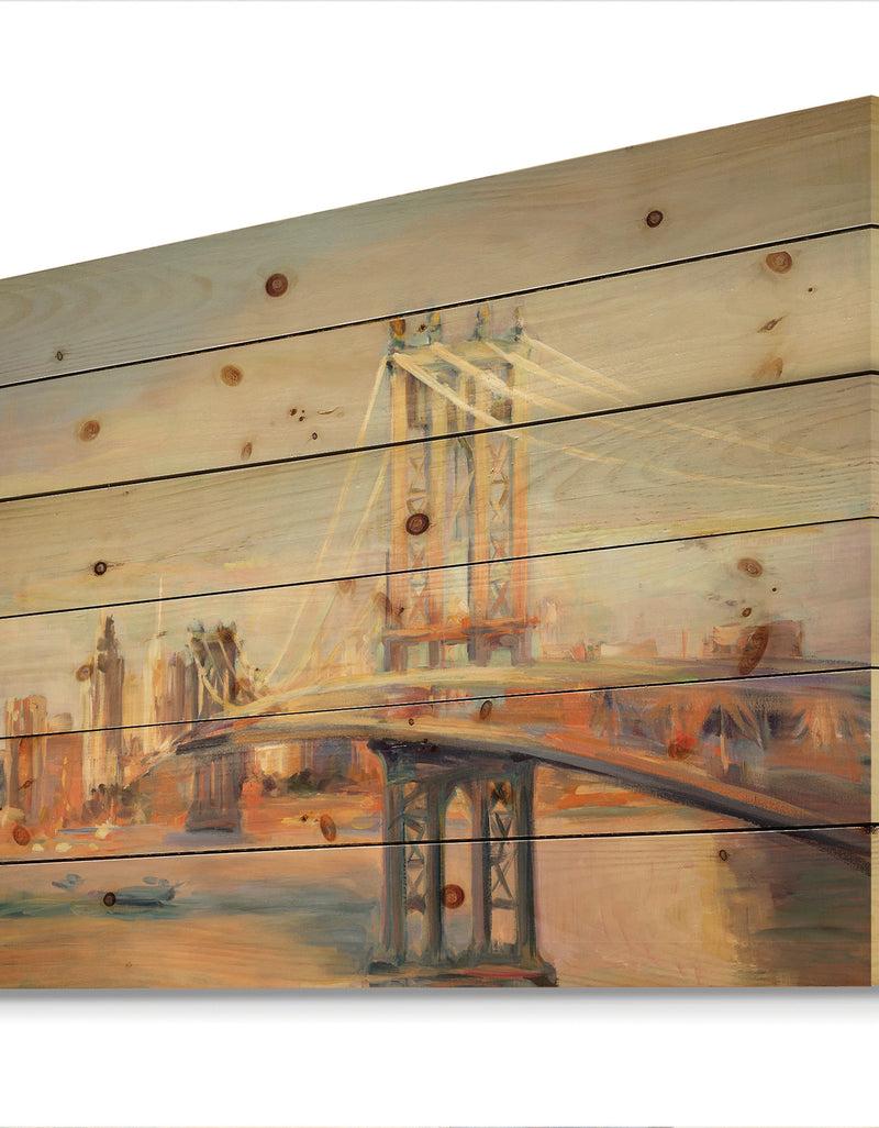 DesignQ Manhattan Brooklyn Bridge - Traditional Print On Natural Pine Wood
