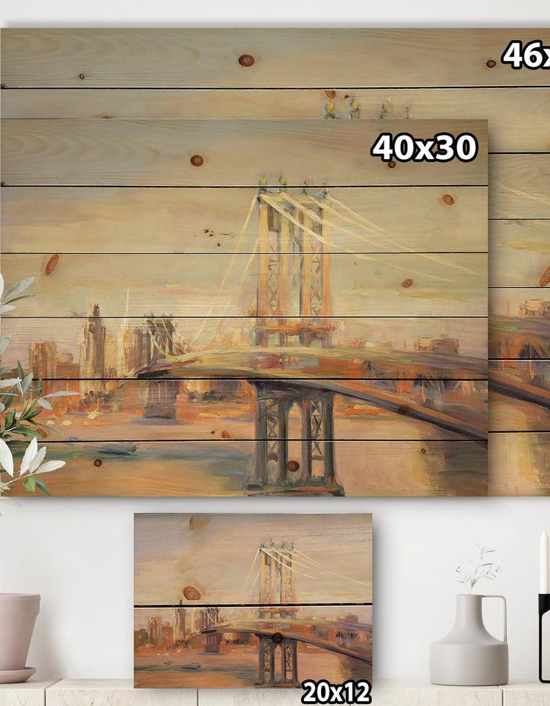 DesignQ Manhattan Brooklyn Bridge - Traditional Print On Natural Pine Wood