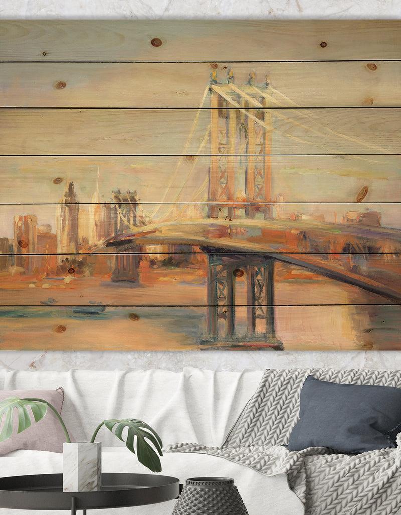 DesignQ Manhattan Brooklyn Bridge - Traditional Print on Natural Pine Wood