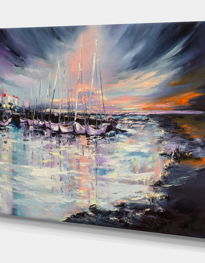 DesignQ Marina Bay Under Stormy Sunset - Sea & Shore Painting Print On Wrapped Canvas