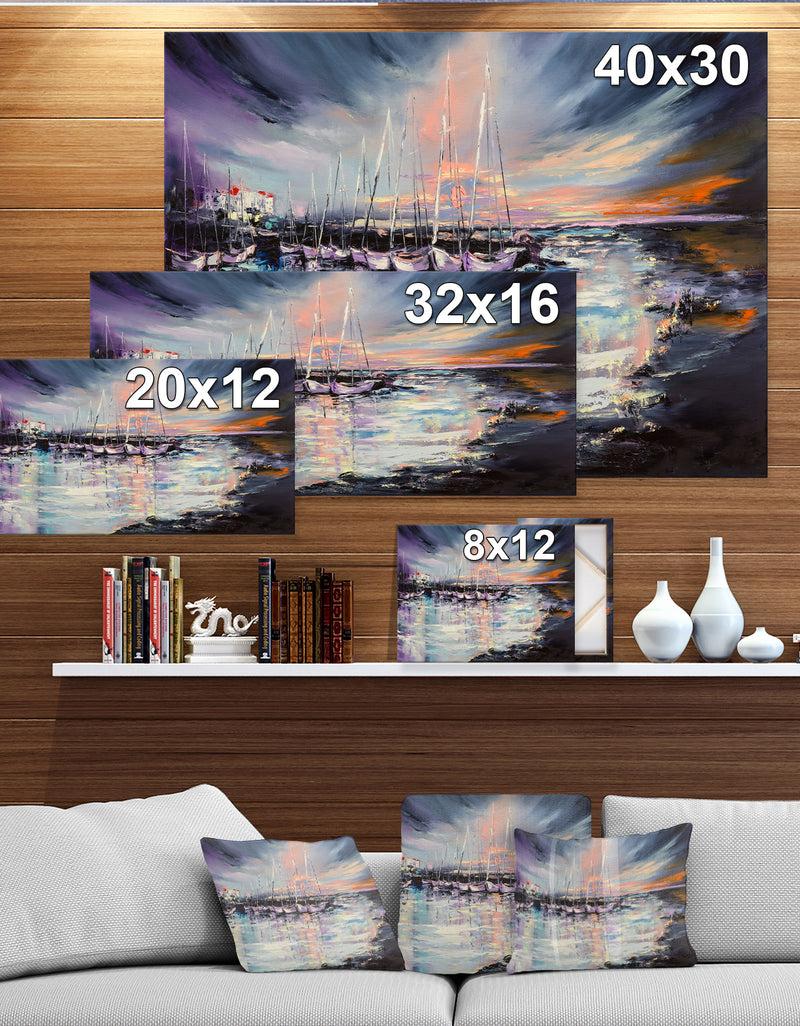 DesignQ Marina bay Under Stormy Sunset - Sea & Shore Painting Print on Wrapped Canvas