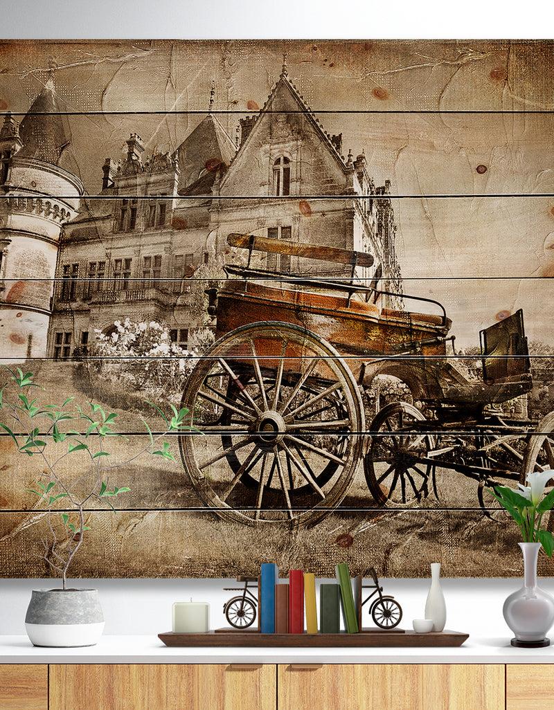 DesignQ Medieval Castle with Carriage - Vintage Print on Natural Pine Wood