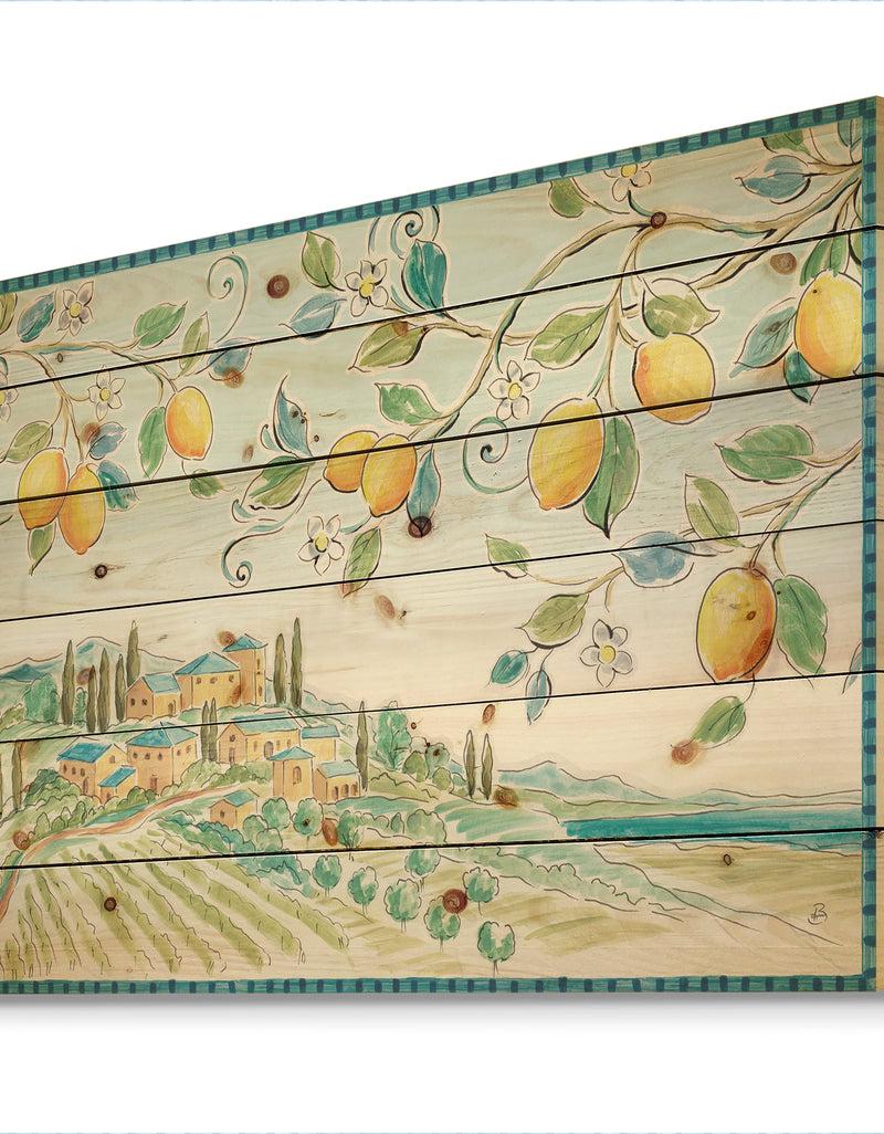 DesignQ Mediterranean Village Field I - Traditional Print On Natural Pine Wood