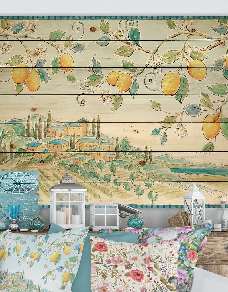 DesignQ Mediterranean Village Field I - Traditional Print on Natural Pine Wood