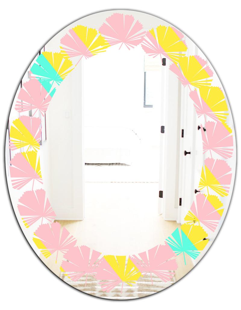 DesignQ Memphis Retro Neon Pattern - Modern Round Or Oval Wall Mirror - Leaves