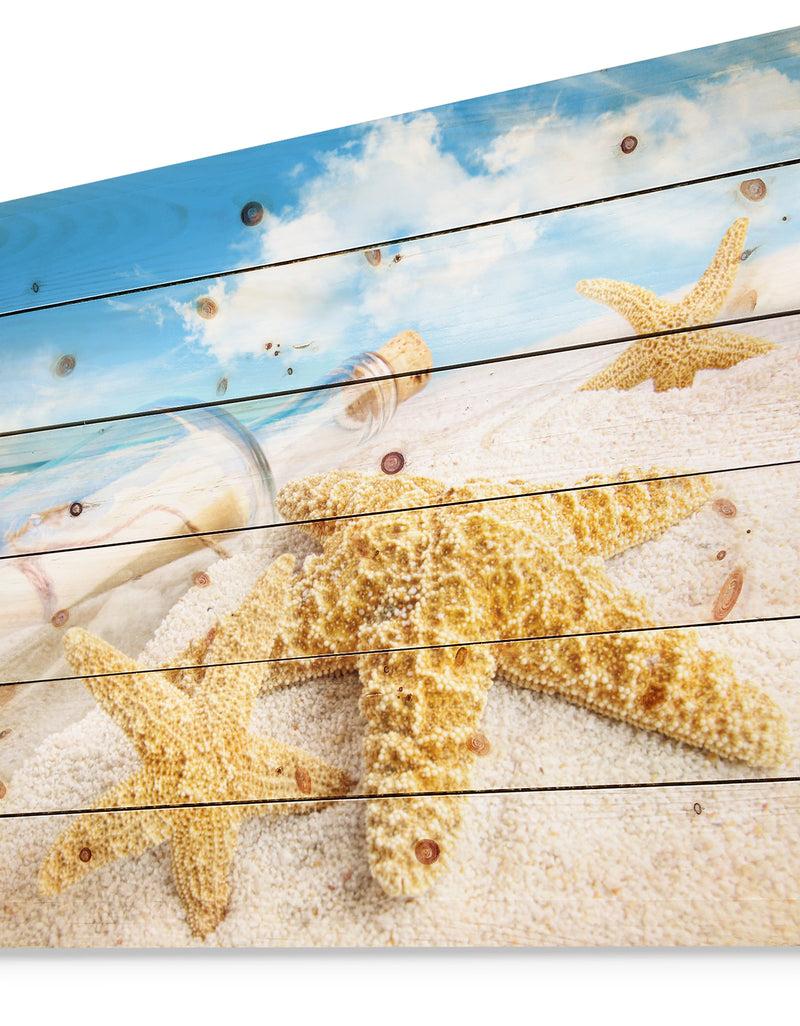 DesignQ Message In Bottle Buried In Sand - Seashore Photo Print On Natural Pine Wood