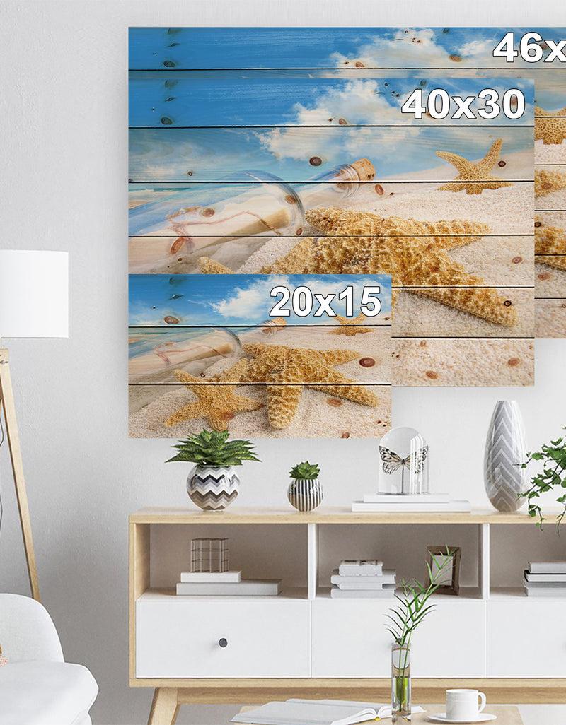 DesignQ Message In Bottle Buried In Sand - Seashore Photo Print On Natural Pine Wood