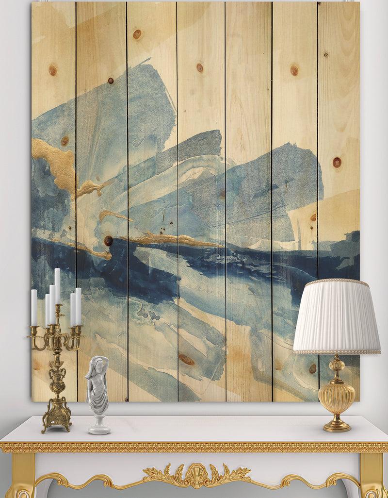 DesignQ Metallic Gold Indigo I - Modern Glam Print on Natural Pine Wood