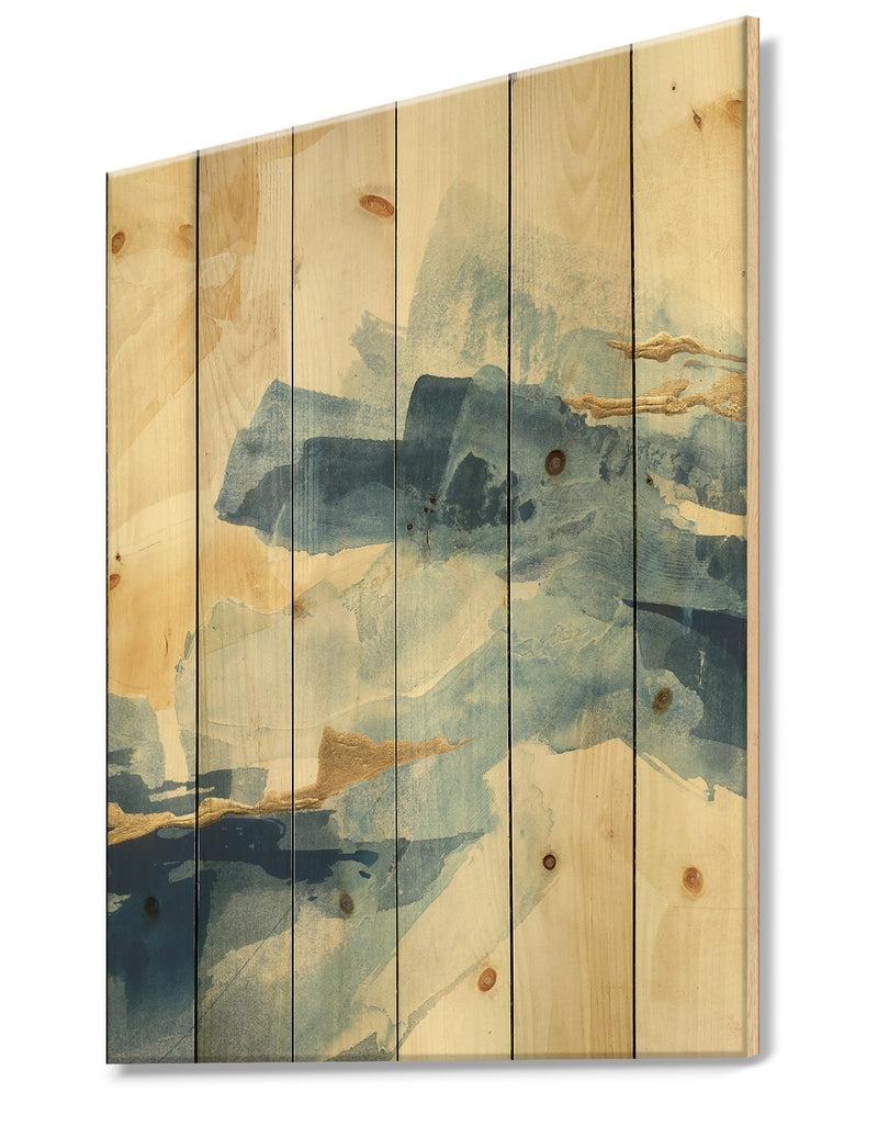 DesignQ Metallic Gold Indigo II - Modern Glam Print On Natural Pine Wood