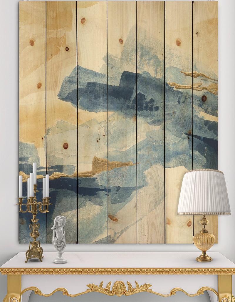 DesignQ Metallic Gold Indigo II - Modern Glam Print on Natural Pine Wood