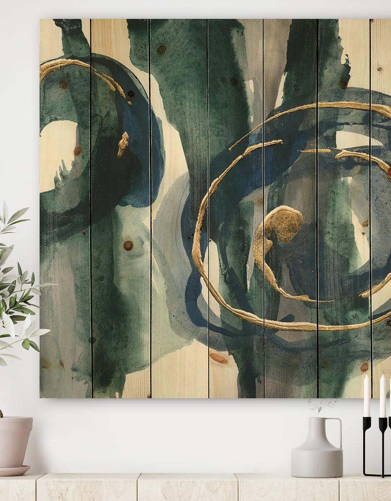 DesignQ Mettalic Indigo and Gold III - Posh & Luxe Print on Natural Pine Wood