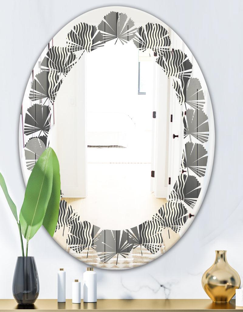 DesignQ Mimimal Black And White Design II - Modern Round Or Oval Wall Mirror - Leaves
