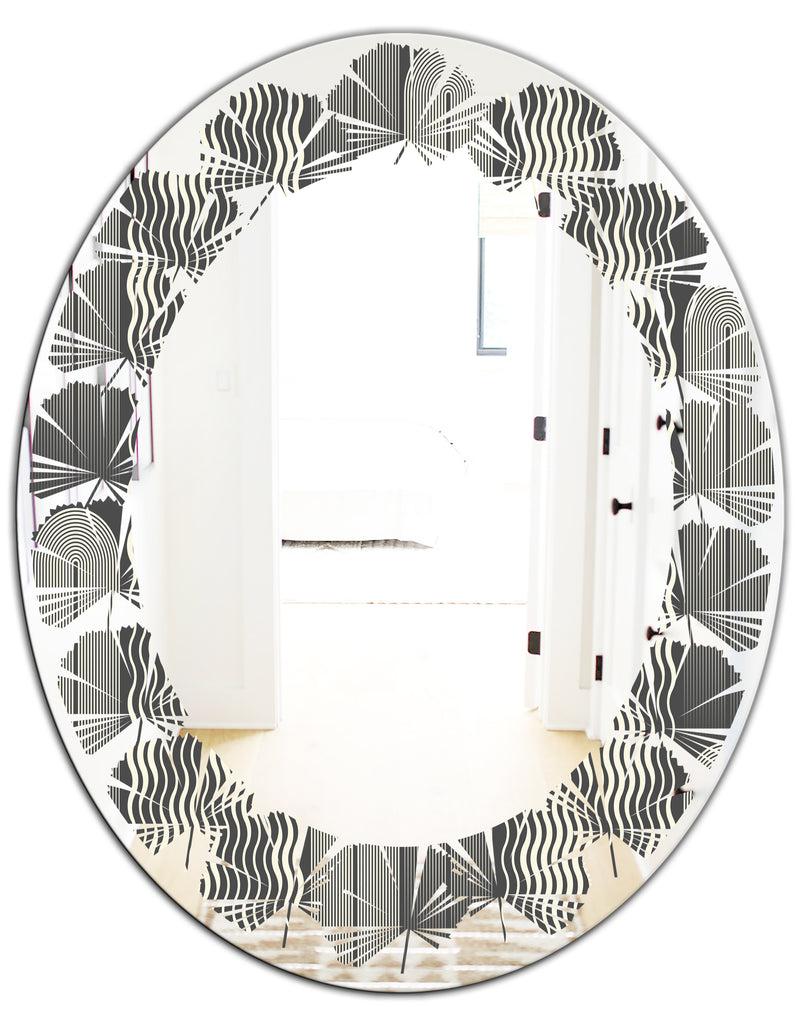 DesignQ Mimimal Black And White Design II - Modern Round Or Oval Wall Mirror - Leaves