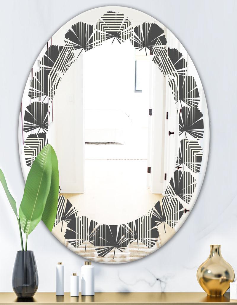 DesignQ Mimimal Black And White Design III - Modern Round Or Oval Wall Mirror - Leaves