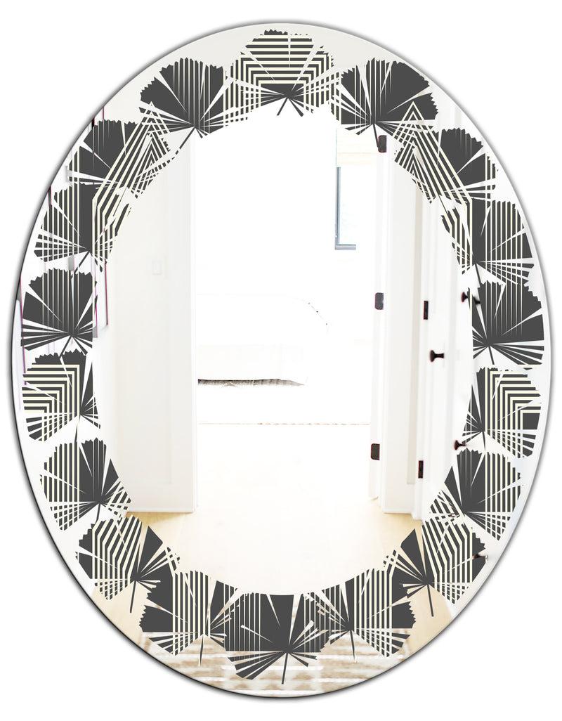 DesignQ Mimimal Black And White Design III - Modern Round Or Oval Wall Mirror - Leaves