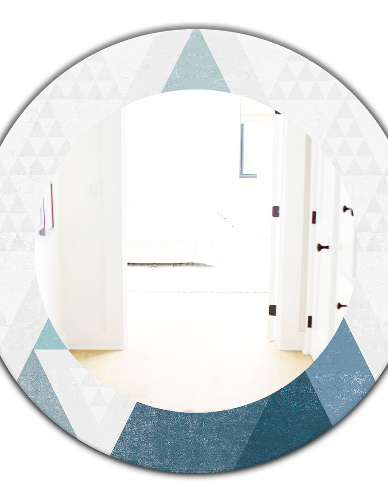 DesignQ Minimal Triangles III Blue - Mid-Century Mirror - Oval Or Round Wall Mirror