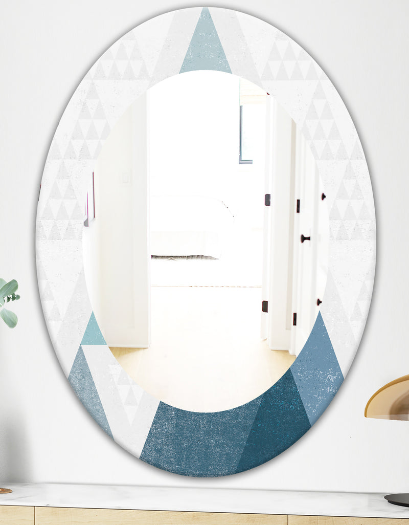DesignQ Minimal Triangles III Blue - Mid-Century Mirror - Oval Or Round Wall Mirror
