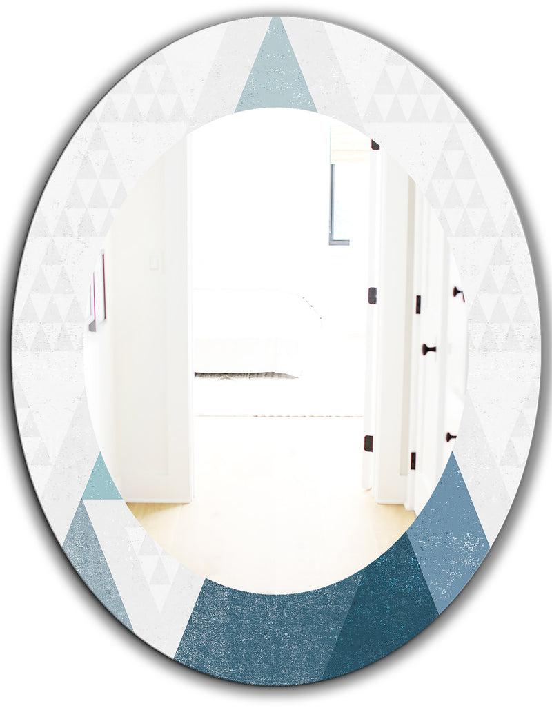 DesignQ Minimal Triangles III Blue - Mid-Century Mirror - Oval Or Round Wall Mirror