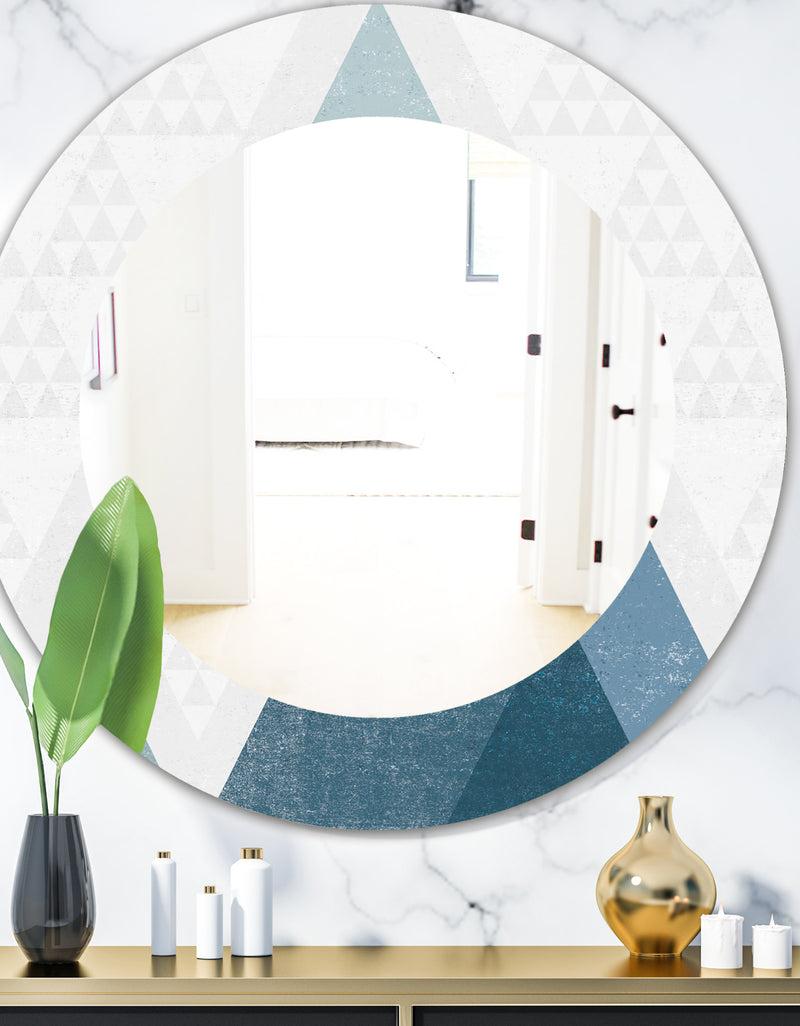 DesignQ Minimal Triangles III Blue - Mid-Century Mirror - Oval or Round Wall Mirror