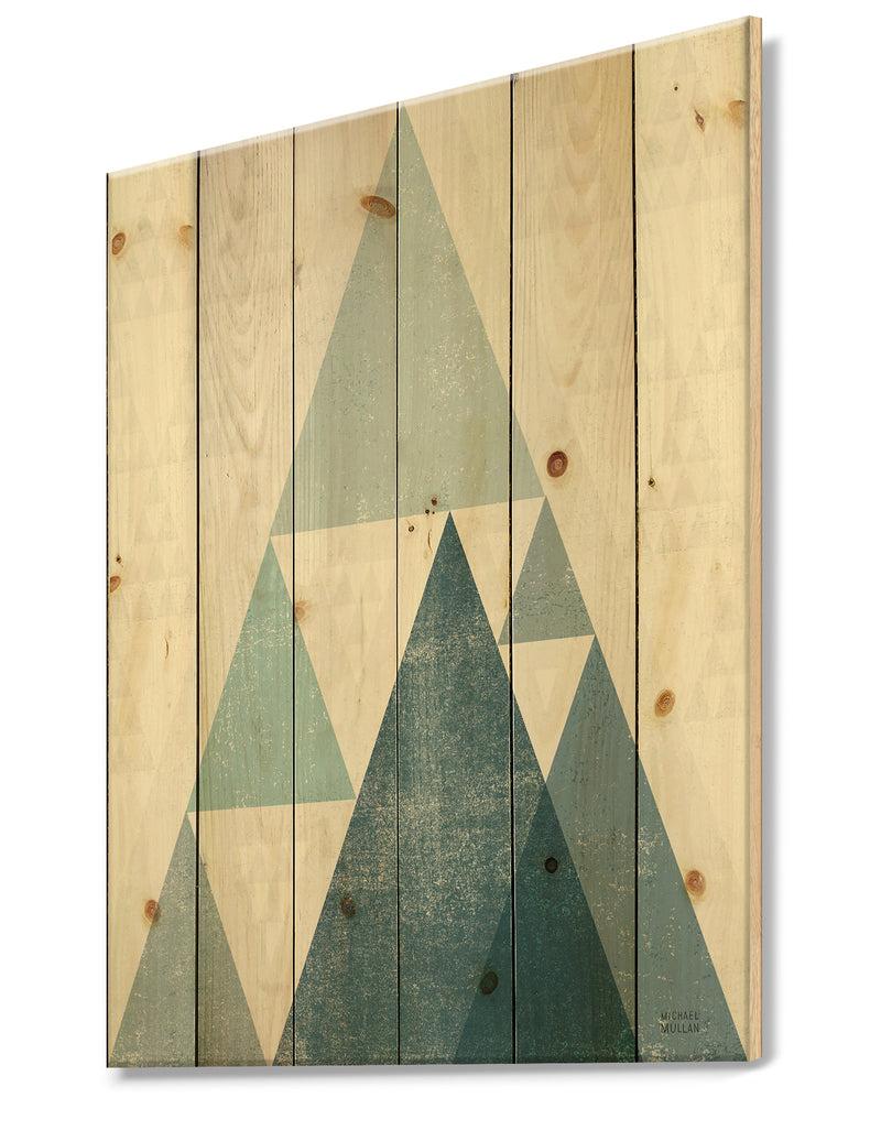 DesignQ Minimal Triangles III Blue - Mid-Century Modern Print On Natural Pine Wood