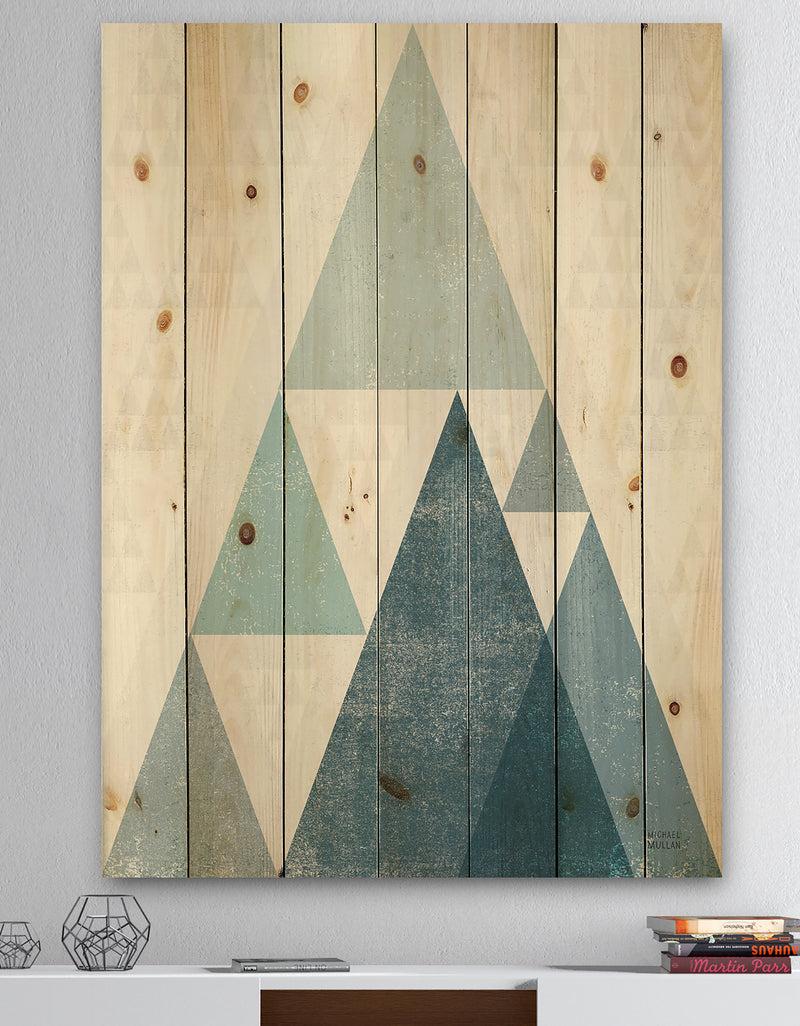 DesignQ minimal Triangles III Blue - Mid-Century Modern Print on Natural Pine Wood