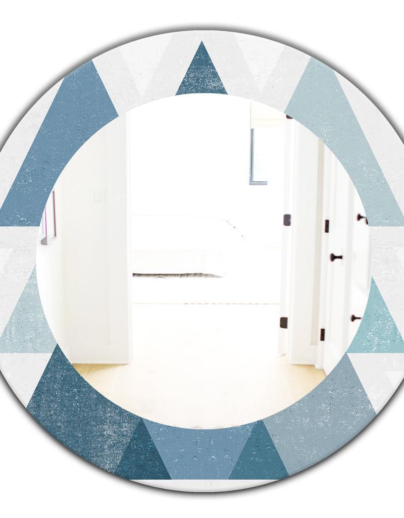 DesignQ Minimal Triangles IV Blue - Mid-Century Mirror - Oval Or Round Wall Mirror