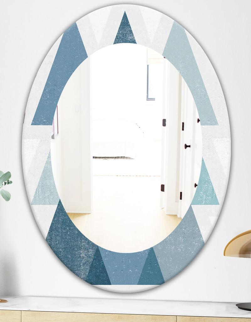 DesignQ Minimal Triangles IV Blue - Mid-Century Mirror - Oval Or Round Wall Mirror