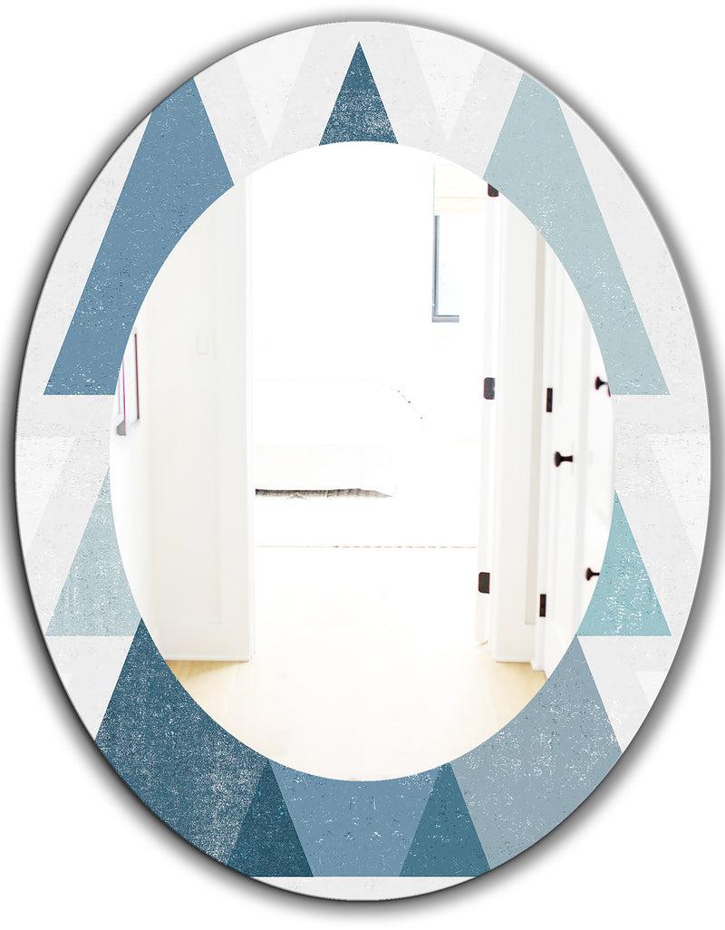 DesignQ Minimal Triangles IV Blue - Mid-Century Mirror - Oval Or Round Wall Mirror