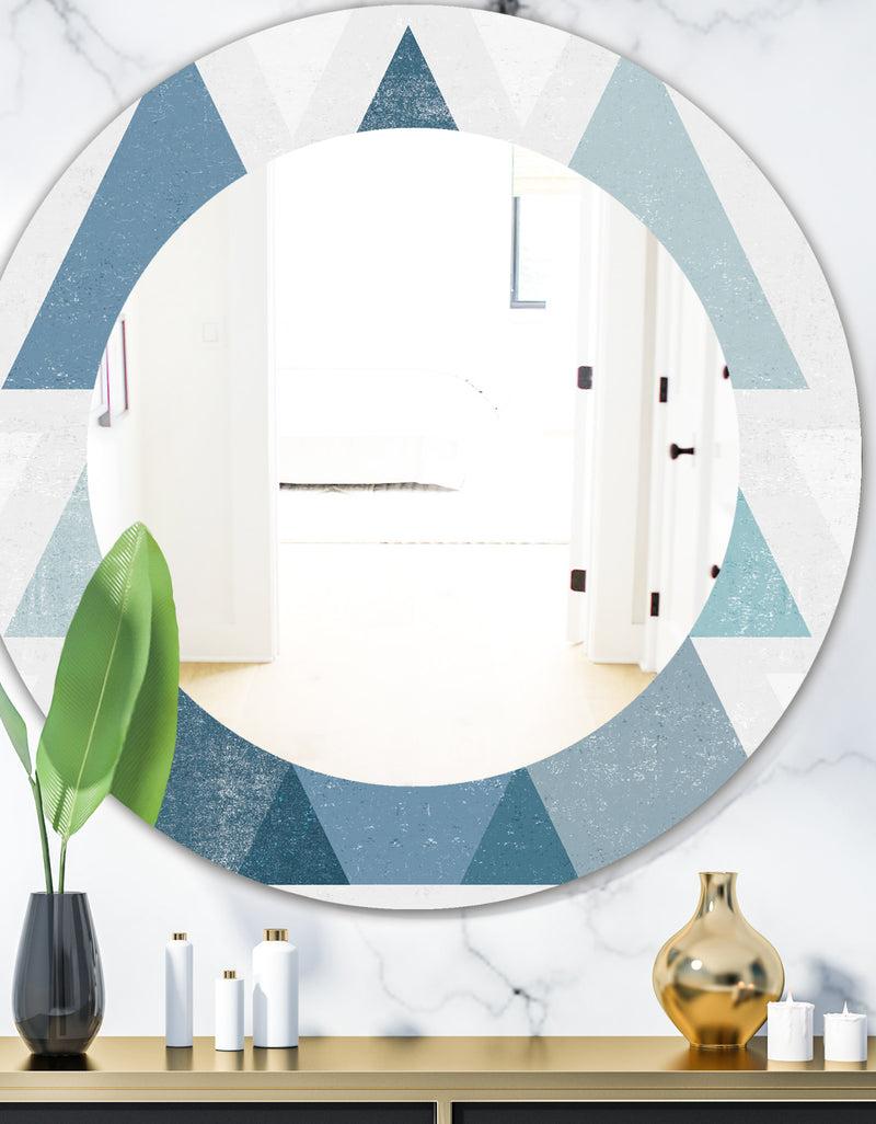 DesignQ Minimal Triangles IV Blue - Mid-Century Mirror - Oval or Round Wall Mirror