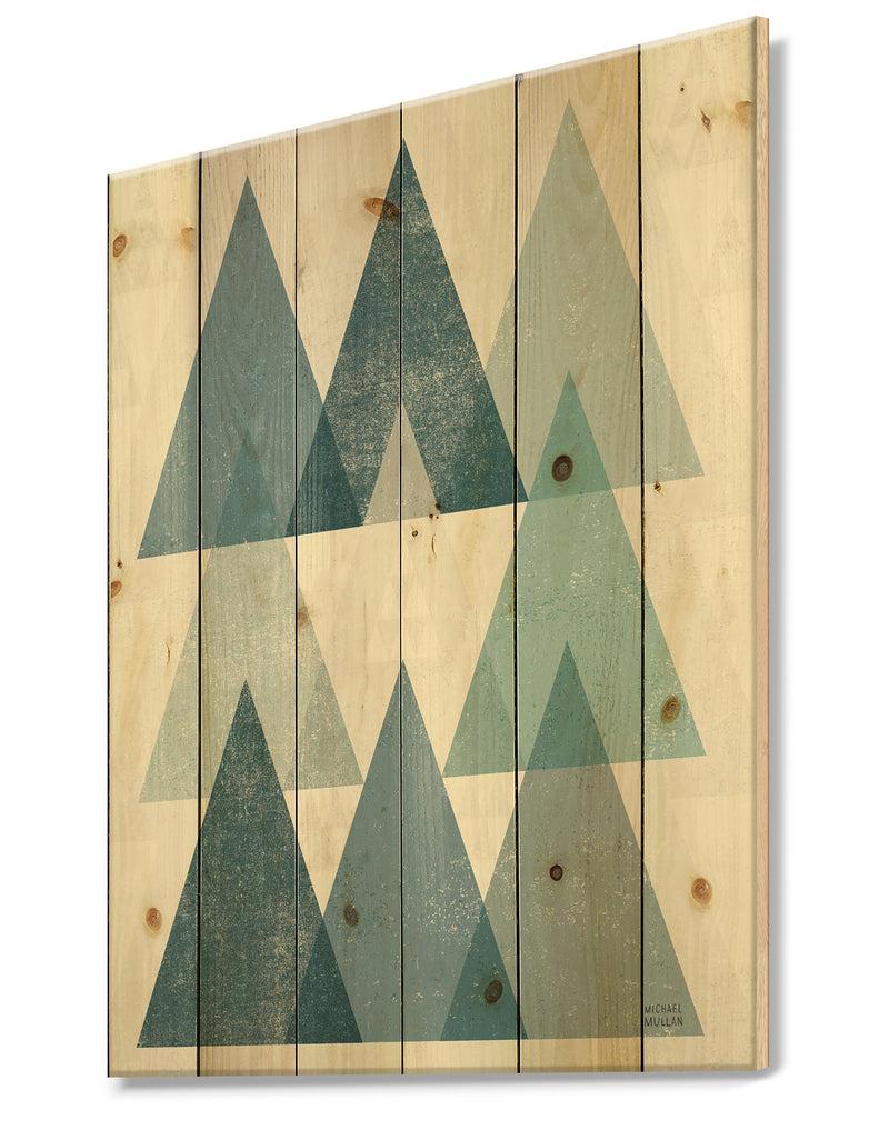 DesignQ Minimal Triangles IV Blue - Mid-Century Modern Print On Natural Pine Wood
