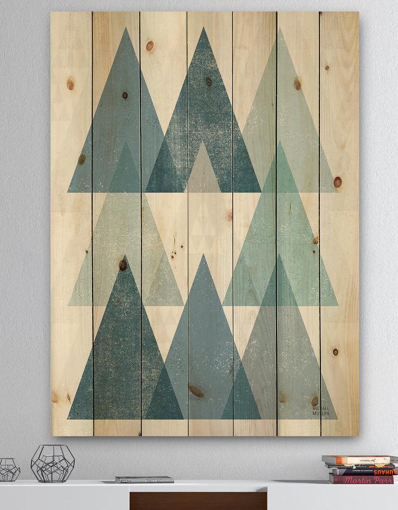 DesignQ minimal Triangles IV Blue - Mid-Century Modern Print on Natural Pine Wood