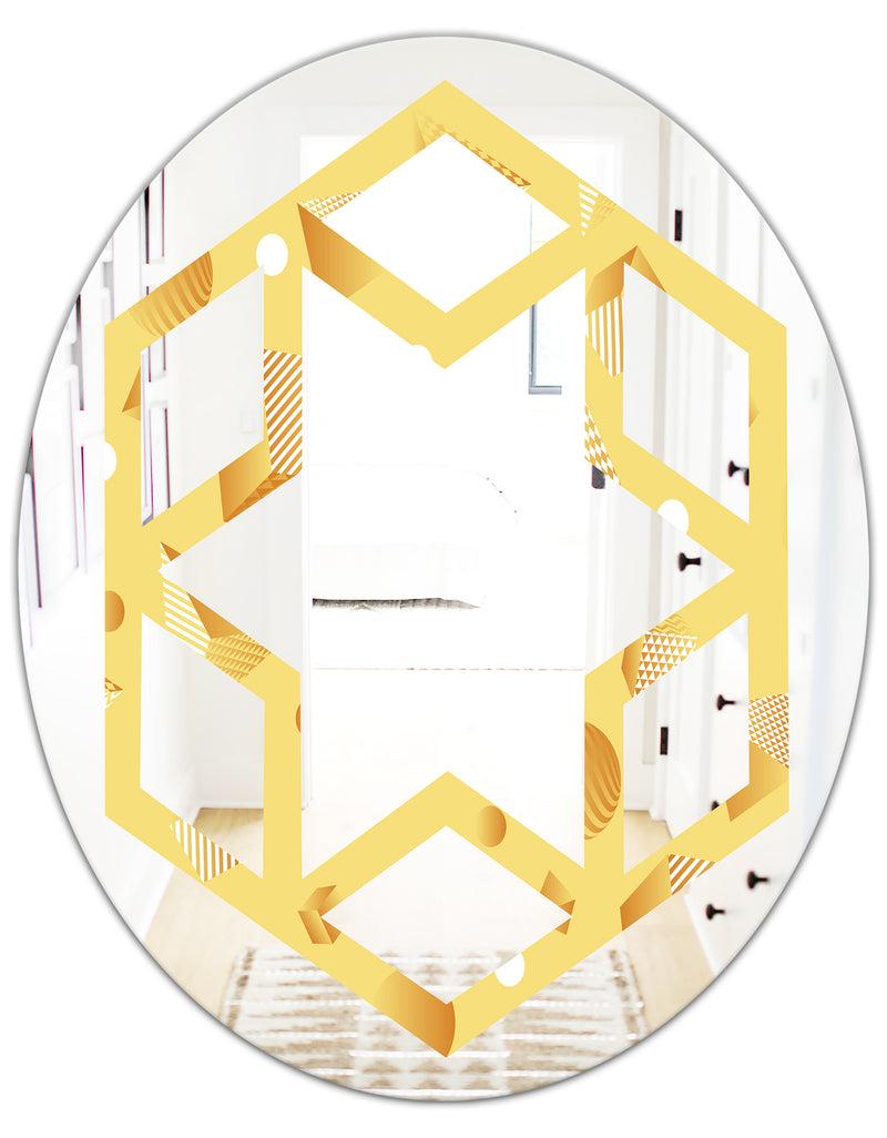 DesignQ Minimal Yellow Geometrical Shapes - Modern Round Or Oval Wall Mirror - Hexagon Star