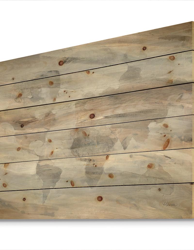 DesignQ Misty World Map - Glam Map Print On Natural Pine Wood
