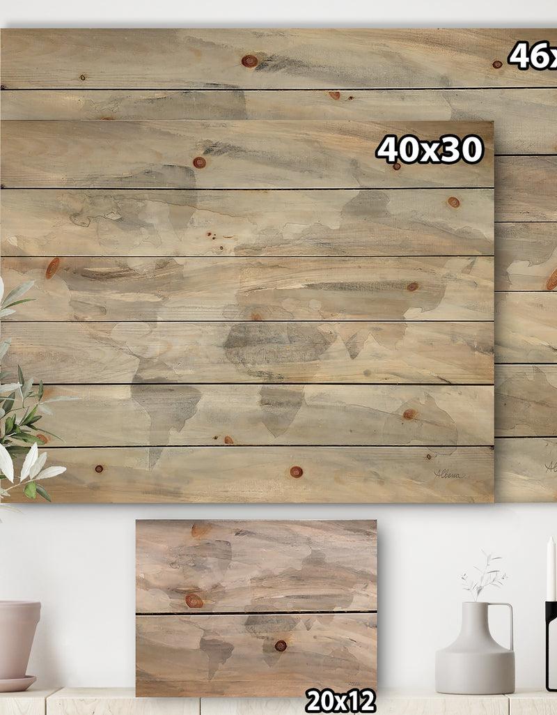 DesignQ Misty World Map - Glam Map Print On Natural Pine Wood