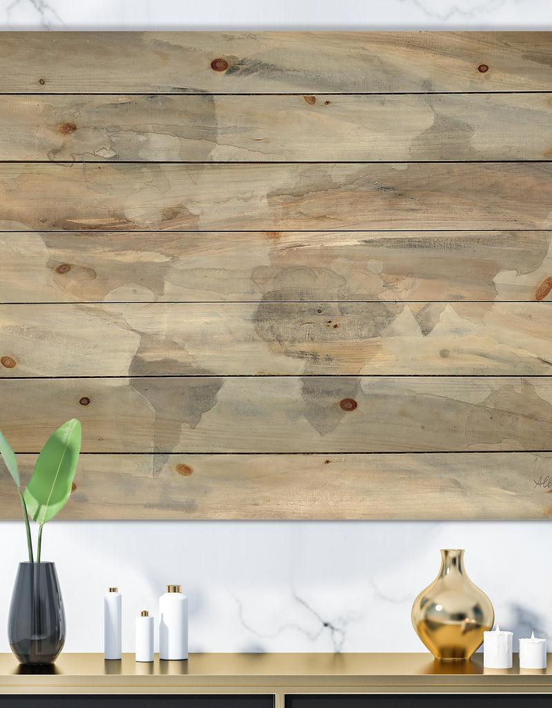 DesignQ Misty World Map - Glam Map Print on Natural Pine Wood