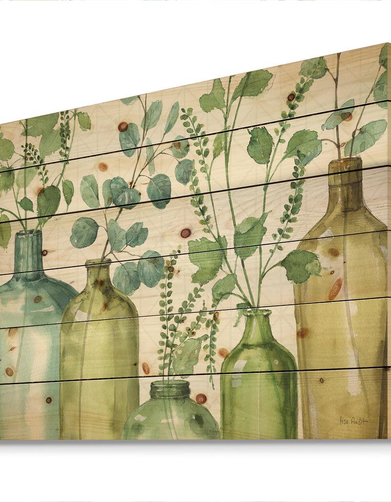 DesignQ Mixed Botanical Green Leaves I0 - Cottage Print On Natural Pine Wood