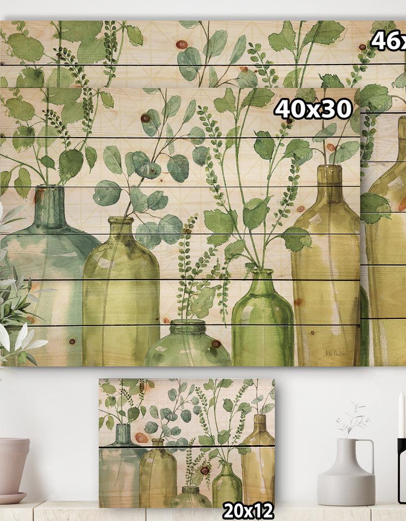 DesignQ Mixed Botanical Green Leaves I0 - Cottage Print On Natural Pine Wood