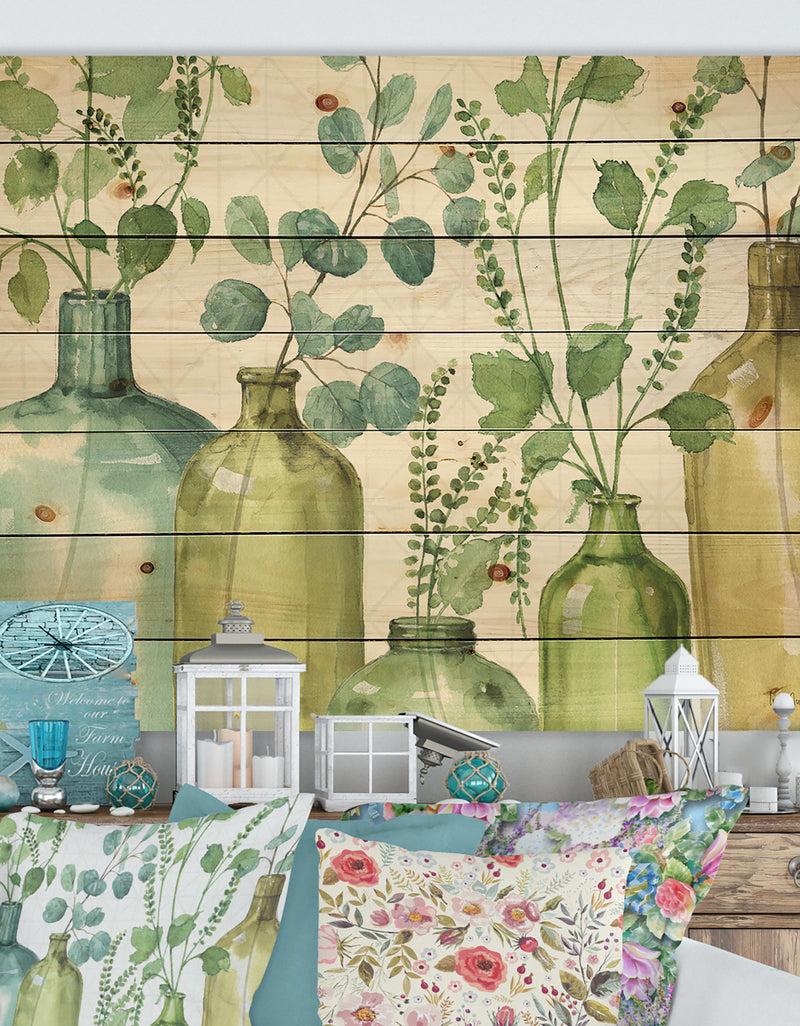 DesignQ Mixed Botanical Green Leaves I0 - Cottage Print on Natural Pine Wood