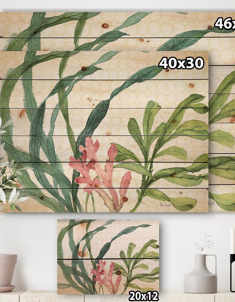 DesignQ Mixed Botanical Green Leaves IIII - Farmhouse Print On Natural Pine Wood