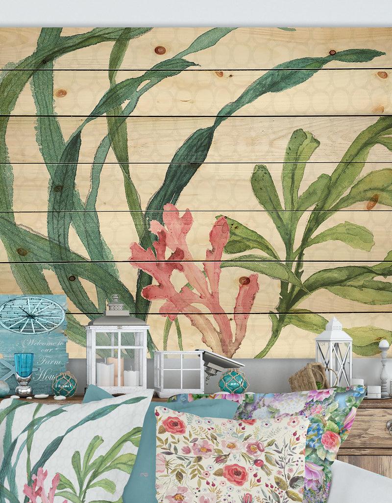 DesignQ Mixed Botanical Green Leaves IIII - Farmhouse Print on Natural Pine Wood