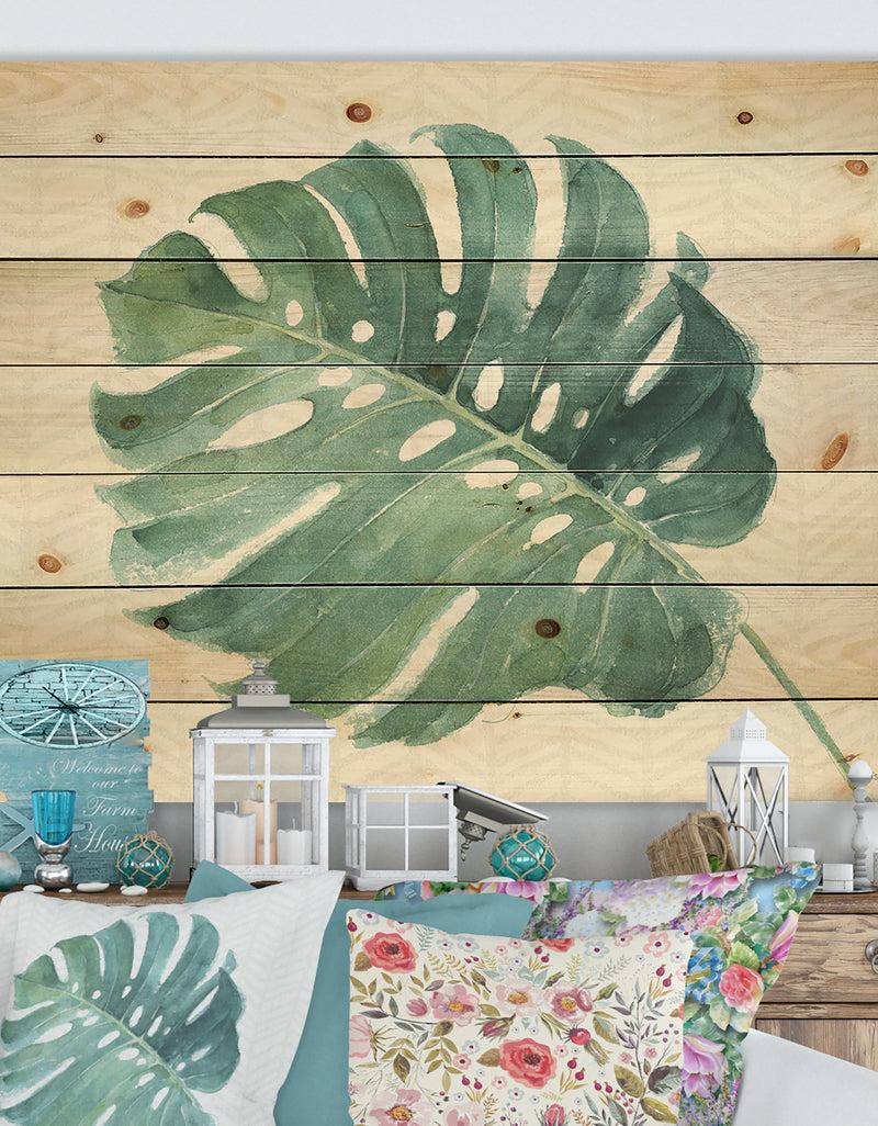 DesignQ Mixed Botanical Green Leaves IV - Cottage Print on Natural Pine Wood