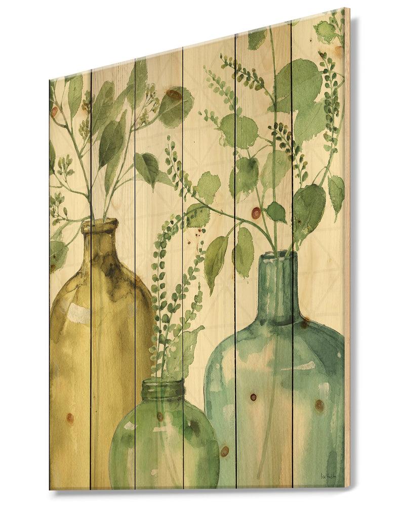 DesignQ Mixed Botanical Green Leaves IX - Cottage Print On Natural Pine Wood