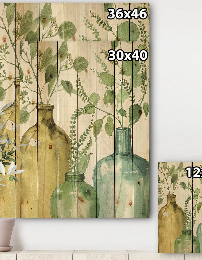 DesignQ Mixed Botanical Green Leaves IX - Cottage Print On Natural Pine Wood