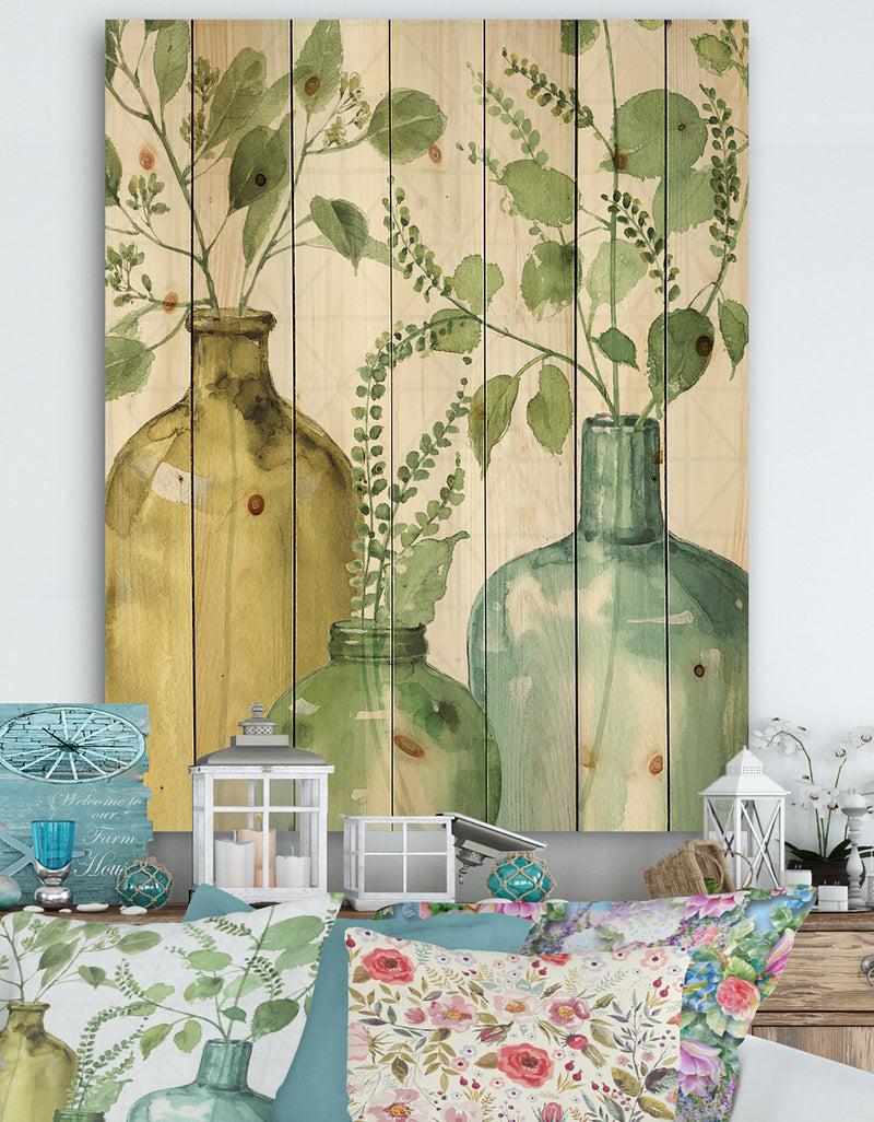 DesignQ Mixed Botanical Green Leaves IX - Cottage Print on Natural Pine Wood