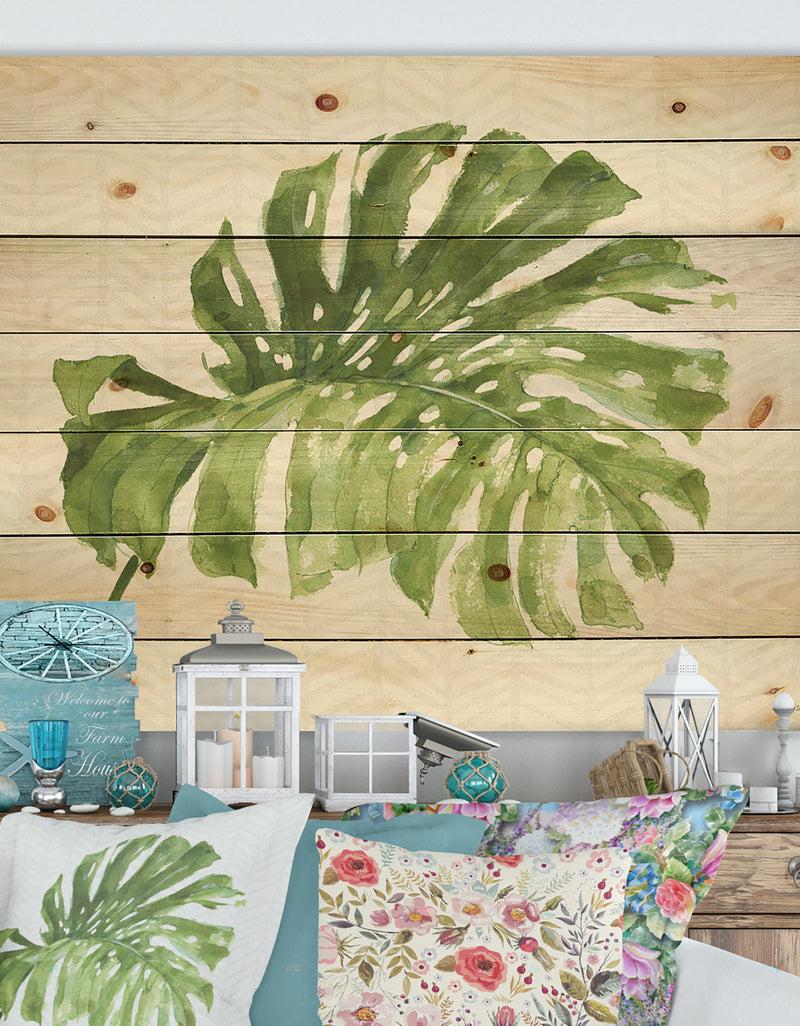 DesignQ Mixed Botanical Green Leaves V - Cottage Print on Natural Pine Wood