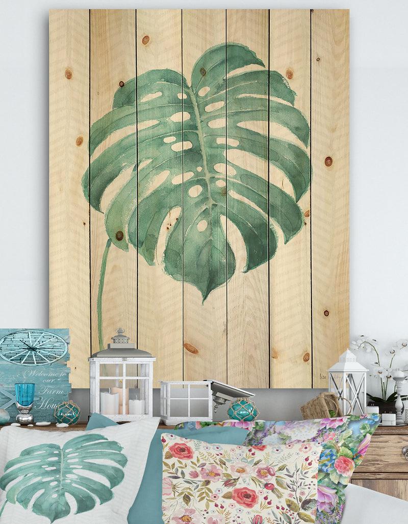 DesignQ Mixed Botanical Green Leaves VI - Cottage Print on Natural Pine Wood